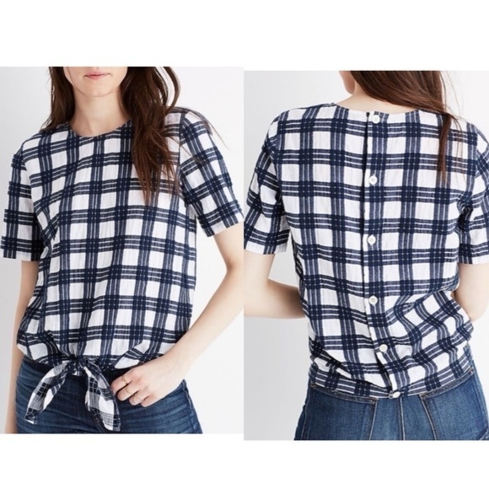 🍕🪻Madewell Plaid Button-Back Tie Tee blue white small CLEARANCE